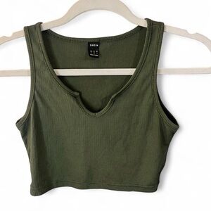 SHEIN Olive Ribbed Notch Neck Cropped Tank